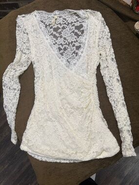 Vintage White Lace Wrap Top Sheer Floral Boho Romantic Long Sleeve Blouse